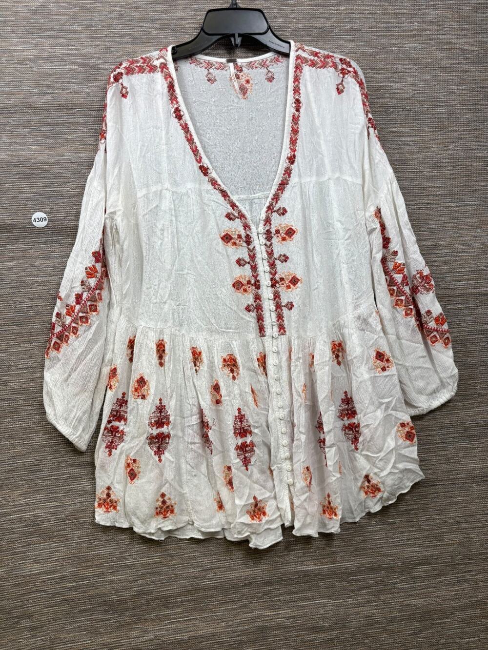 Free People Adrianna Embroidered Hi-Low Tunic Top Womens Size M White Boho Chic